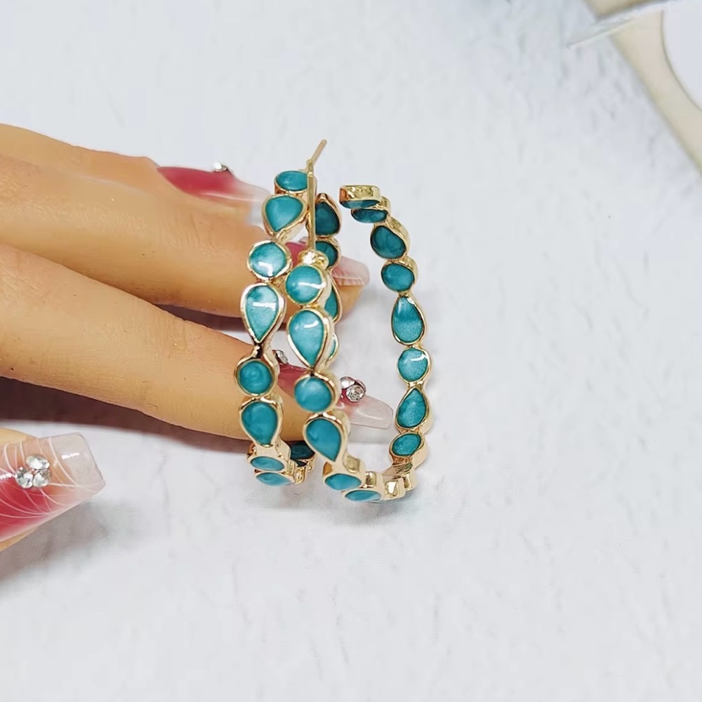 14k Gold Seafoam Green Blue Enamel Bezel Earrings